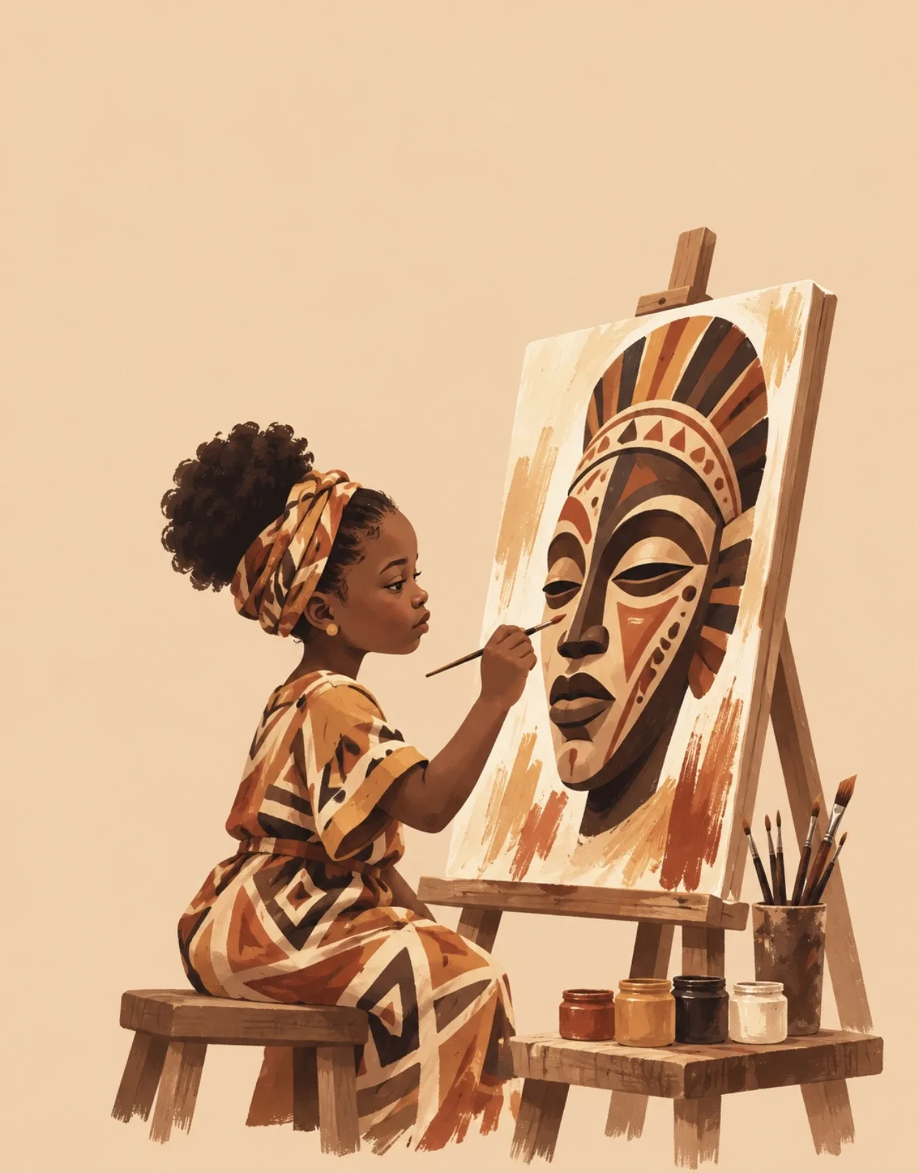 Illustration : une petite fille peint un masque africain sur une toile