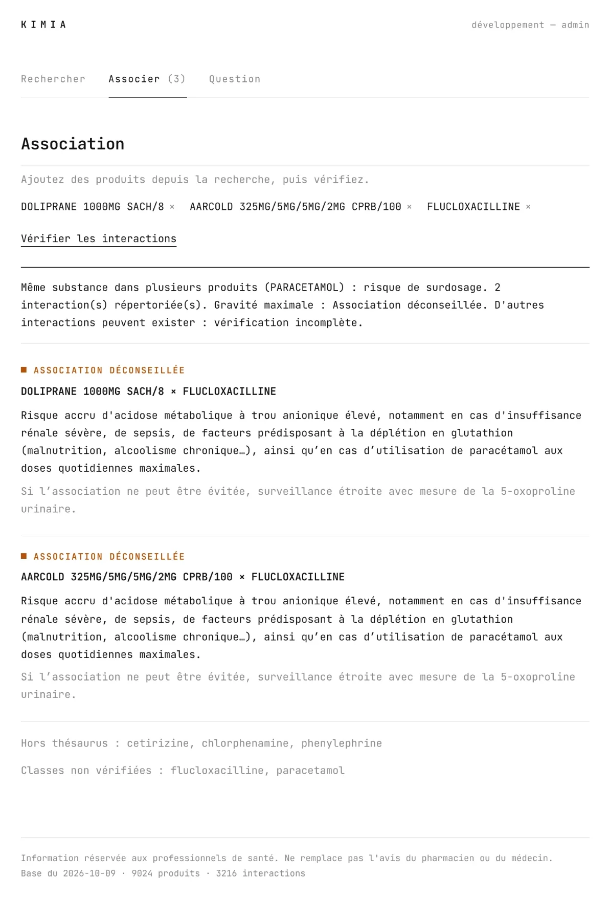 Capture de Kimia AI : vérification des interactions entre plusieurs médicaments